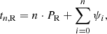 Mathematical equation: $$ \begin{aligned} t_{n,\mathrm{R}} = n\cdot P_{\rm R} + \sum _{i=0}^n \psi _i , \end{aligned} $$