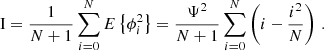 Mathematical equation: $$ \begin{aligned} \mathrm{I}= {1\over N+1} \sum _{i=0}^N E\left\{ \phi _i^2\right\} = {\Psi ^2\over N+1} \sum _{i=0}^N\left(i-{i^2\over N}\right)\,. \end{aligned} $$
