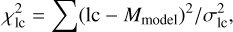 Mathematical equation: $ \chi _{{\rm{lc}}}^2 = \sum {{{\left( {{\rm{lc}} - {M_{{\rm{model}}}}} \right)}^2}/\sigma _{{\rm{lc}}}^2} , $
