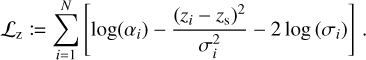 Mathematical equation: $ {{\cal L}_{\rm{Z}}}: = \sum\limits_{i = 1}^N {\left[ {\log \left( {{\alpha _i}} \right) - {{{{\left( {{z_i} - {z_{\rm{S}}}} \right)}^2}} \over {\sigma _i^2}} - 2\log \left( {{\sigma _i}} \right)} \right]} . $