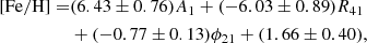 Mathematical equation: $$ \begin{aligned}{[\mathrm{Fe/H} ]}=&(6.43\pm 0.76)A_1+(-6.03\pm 0.89)R_{41}\nonumber \\&+(-0.77\pm 0.13)\phi _{21} + (1.66\pm 0.40), \end{aligned} $$