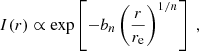 Mathematical equation: $$ \begin{aligned} I(r) \propto \exp \left[-b_n\left(\dfrac{r}{r_{\mathrm{e} }}\right)^{1/n}\right]\;, \end{aligned} $$