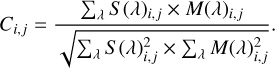 Mathematical equation: $ {C_{i,j}} = {{{{\sum\nolimits_\lambda {S{{\left( \lambda \right)}_{i,j}} \times M\left( \lambda \right)} }_{i,j}}} \over {\sqrt {\sum\nolimits_\lambda {S\left( \lambda \right)_{_{i,j}}^2 \times \sum\nolimits_\lambda {M\left( \lambda \right)} } _{i,j}^2} }}. $