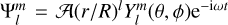 Mathematical equation: ${\rm{\Psi }}_l^m = A{\left( {{r \mathord{\left/ {\vphantom {r R}} \right. \kern-\nulldelimiterspace} R}} \right)^l}Y_l^m\left( {\theta ,\phi } \right){{\rm{e}}^{ - {\rm{i}}\omega t}}$