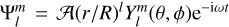 Mathematical equation: $\Psi _l^m = A{\left( {{r \mathord{\left/ {\vphantom {r R}} \right. \kern-\nulldelimiterspace} R}} \right)^l}Y_l^m\left( {\theta ,\phi } \right){{\rm{e}}^{ - {\rm{i}}\omega t}}$