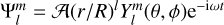 Mathematical equation: ${\rm{\Psi }}_l^m = A{\left( {{r \mathord{\left/ {\vphantom {r R}} \right. \kern-\nulldelimiterspace} R}} \right)^l}Y_l^m\left( {\theta ,\phi } \right){{\rm{e}}^{ - {\rm{i}}\omega t}}$