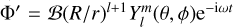 Mathematical equation: ${\rm{\Phi '}} = B{\left( {{R \mathord{\left/ {\vphantom {R r}} \right. \kern-\nulldelimiterspace} r}} \right)^{l + 1}}Y_l^m\left( {\theta ,\phi } \right){{\rm{e}}^{ - {\rm{i}}\omega t}}$