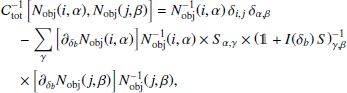 Mathematical equation: $$ \begin{aligned}&\mathcal{C} _\mathrm{tot} ^{-1} \left[ N_\mathrm{obj} (i,\alpha ) , N_\mathrm{obj} (j,\beta ) \right] = N_\mathrm{obj} ^{-1}(i,\alpha ) \, \delta _{i,j} \, \delta _{\alpha ,\beta } \nonumber \\&\quad - \sum _\gamma \left[\partial _{\delta _b} N_\mathrm{obj} (i,\alpha )\right] N_\mathrm{obj} ^{-1}(i,\alpha ) \times S_{\alpha ,\gamma } \times \left(\mathbb{1} +I(\delta _b) \, S\right)^{-1}_{\gamma ,\beta } \nonumber \\&\quad \times \left[\partial _{\delta _b} N_\mathrm{obj} (j,\beta )\right] N_\mathrm{obj} ^{-1}(j,\beta ), \end{aligned} $$