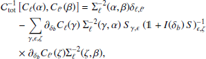 Mathematical equation: $$ \begin{aligned} \nonumber \mathcal{C} _\mathrm{tot} ^{-1}&\left[C_\ell (\alpha ) , C_{\ell ^{\prime }}(\beta ) \right] = \Sigma ^{-2}_\ell (\alpha ,\beta ) \delta _{\ell ,\ell ^{\prime }} \\ \nonumber&- \sum _{\gamma ,\epsilon ,\zeta } \partial _{\delta _b} C_\ell (\gamma ) \ \Sigma ^{-2}_\ell (\gamma ,\alpha ) \ S_{\gamma ,\epsilon } \ (\mathbb{1} +I(\delta _b) \, S)^{-1}_{\epsilon ,\zeta } \\&\times \partial _{\delta _b} C_{\ell ^{\prime }}(\zeta ) \Sigma ^{-2}_\ell (\zeta ,\beta ), \end{aligned} $$
