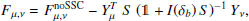 Mathematical equation: $$ \begin{aligned} F_{\mu ,\nu } = F_{\mu ,\nu }^\mathrm{noSSC} - Y_\mu ^T \ S \ (\mathbb{1} +I(\delta _b) \, S)^{-1} \ Y_\nu , \end{aligned} $$