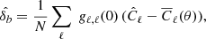 Mathematical equation: $$ \begin{aligned} \hat{\delta _b} = \frac{1}{N} \sum _{\ell } \ g_{\ell ,\ell }(0) \, (\hat{C}_\ell -\overline{C}_\ell (\theta )), \end{aligned} $$