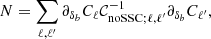 Mathematical equation: $$ \begin{aligned} N = \sum _{\ell ,\ell ^{\prime }} \partial _{\delta _b} C_\ell \mathcal{C} ^{-1}_{\mathrm{noSSC} ;\ell ,\ell ^{\prime }} \partial _{\delta _b} C_{\ell ^{\prime }}, \end{aligned} $$