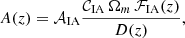 Mathematical equation: $$ \begin{aligned} A(z) = \mathcal{A} _\mathrm{IA} \frac{ \mathcal{C} _\mathrm{IA} \, \Omega _m \, \mathcal{F} _{\rm IA}(z)}{D(z)}, \end{aligned} $$