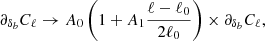 Mathematical equation: $$ \begin{aligned} \partial _{\delta _b} C_\ell \rightarrow A_0 \left(1+ A_1 \frac{\ell -\ell _0}{2\ell _0}\right) \times \partial _{\delta _b} C_\ell , \end{aligned} $$