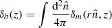 Mathematical equation: $ \delta_b(z) = \smallint \frac{{\text{d}}^2 {\hat{n}}}{4\pi} \delta_m(r{\hat{n}},z) $