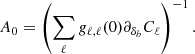 Mathematical equation: $$ \begin{aligned} A_0 = \left(\sum _{\ell } g_{\ell ,\ell }(0) \partial _{\delta _b} C_\ell \right)^{-1}. \end{aligned} $$