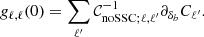 Mathematical equation: $$ \begin{aligned} g_{\ell ,\ell }(0) = \sum _{\ell ^{\prime }} \mathcal{C} ^{-1}_{\mathrm{noSSC} ;\ell ,\ell ^{\prime }} \partial _{\delta _b} C_{\ell ^{\prime }}. \end{aligned} $$