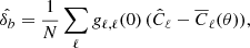 Mathematical equation: $$ \begin{aligned} \hat{\delta _b} = \frac{1}{N} \sum _{\ell } g_{\ell ,\ell }(0) \, (\hat{C}_\ell -\overline{C}_\ell (\theta )), \end{aligned} $$