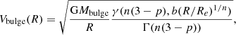Mathematical equation: $$ \begin{aligned} V_{\rm bulge}(R) = \sqrt{\dfrac{\mathrm{G}M_{\rm bulge}}{R}\dfrac{\gamma (n(3-p),b(R/R_e)^{1/n})}{\Gamma (n(3-p))}}, \end{aligned} $$