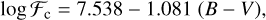 Mathematical equation: $ \log {{\cal F}_{\rm{c}}} = 7.538 - 1.081\left( {B - V} \right), $