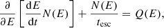 Mathematical equation: $$ \begin{aligned} \frac{\partial }{\partial E}\left[\frac{\mathrm{d}E}{\mathrm{d}t} N(E)\right]+\frac{N(E)}{t_{\rm esc}}=Q(E), \end{aligned} $$