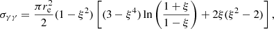 Mathematical equation: $$ \begin{aligned} \sigma _{\gamma \gamma }=\frac{\pi r_{\rm e}^2}{2}(1-\xi ^2)\left[(3-\xi ^4)\ln {\left(\frac{1+\xi }{1-\xi }\right)}+2\xi (\xi ^2-2) \right], \end{aligned} $$