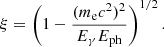 Mathematical equation: $$ \begin{aligned} \xi =\left(1-\frac{(m_{\rm e}c^2)^2}{E_{\gamma }E_{\rm ph}}\right)^{1/2}. \end{aligned} $$