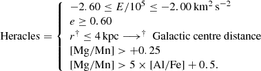 $$ \begin{aligned} \mathrm{Heracles } = \left\{ \begin{array}{llll} -2.60 \le E/10^5 \le -2.00\,\mathrm{km^2\,s^{-2} } \\ e \ge 0.60 \\ r^\dag \le 4\,\mathrm{kpc} \longrightarrow ^\dag \text{ Galactic} \text{ centre} \text{ distance} \\ \mathrm{[Mg/Mn] > +0.25} \\ \mathrm{[Mg/Mn] > 5 \times \mathrm{[Al/Fe]} + 0.5 }. \\ \end{array} \right. \end{aligned} $$