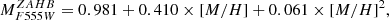 $$ \begin{aligned} \displaystyle M^{ZAHB}_{F555W} = 0.981 + 0.410\times [M/H] + 0.061\times [M/H]^2 ,\end{aligned} $$