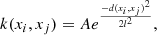 Mathematical equation: $$ \begin{aligned} k(x_i,x_j) = Ae^{\frac{-d(x_i,x_j)^2}{2l^2}}, \end{aligned} $$