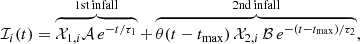 Mathematical equation: $$ \begin{aligned} \mathcal{I} _i(t) = \overbrace{\mathcal{X} _{1,i} \mathcal{A} \, e^{-t/ \tau _{1}}}^\mathrm{1st\,infall } + \overbrace{\theta (t-t_{\mathrm{max}}) \, \mathcal{X} _{2,i} \, \mathcal{B} \, e^{-(t-t_{\mathrm{max}})/\tau _{2}}}^\mathrm{2nd\,infall }, \end{aligned} $$