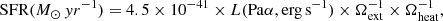 Mathematical equation: $$ \begin{aligned} \mathrm {SFR}(M_{\odot }\,yr ^{-1}) = 4.5\times 10^{-41}\times L(\mathrm{Pa} \alpha , \mathrm {erg\,s}^{-1}) \times \Omega _\mathrm{ext} ^{-1} \times \Omega _\mathrm{heat} ^{-1}, \end{aligned} $$