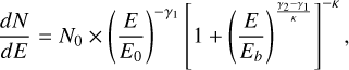 Mathematical equation: ${{dN} \over {dE}} = {N_0} \times {\left( {{E \over {{E_0}}}} \right)^{ - {\gamma _1}}}{\left[ {1 + {{\left( {{E \over {{E_b}}}} \right)}^{{{{\gamma _2} - {\gamma _1}} \over \kappa }}}} \right]^{ - \kappa }},$