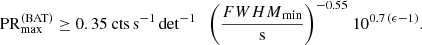 Mathematical equation: $$ \begin{aligned} \mathrm{PR}_{\rm max}^\mathrm{(BAT)} \ge 0.35\ \mathrm{cts\,s^{-1}\,det^{-1}}\ \ \ {\left(\frac{{FWHM}_{\rm min}}{\mathrm{s}}\right)}^{-0.55}\ 10^{0.7\,(\epsilon -1)}. \end{aligned} $$