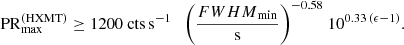 Mathematical equation: $$ \begin{aligned} \mathrm{PR}_{\rm max}^\mathrm{(HXMT)} \ge 1200\ \mathrm{cts\,s^{-1}}\ \ \ {\left(\frac{{FWHM}_{\rm min}}{\mathrm{s}}\right)}^{-0.58}\ 10^{0.33\,(\epsilon -1)}. \end{aligned} $$