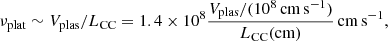 Mathematical equation: $$ \begin{aligned} \nu _{\rm plat} \sim V_{\rm plas}/L_{\rm CC} = 1.4\times 10^8\frac{V_{\rm plas}/(10^8\,\mathrm{cm\,s^{-1}})}{L_{\rm CC}(\mathrm{cm})}\,\mathrm{cm\,s^{-1}}, \end{aligned} $$