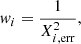 Mathematical equation: $$ \begin{aligned}&w_i = \frac{1}{X_{i,\mathrm{err} }^2} , \end{aligned} $$