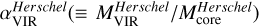 $\alpha _{{\rm{VIR}}}^{Herschel}\left( { \equiv {{M_{{\rm{VIR}}}^{Herschel}} \mathord{\left/ {\vphantom {{M_{{\rm{VIR}}}^{Herschel}} {M_{{\rm{core}}}^{Herschel}}}} \right. \kern-\nulldelimiterspace} {M_{{\rm{core}}}^{Herschel}}}} \right)$
