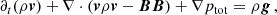 $$ \begin{aligned} \partial _t(\rho \boldsymbol{v}) + \nabla \cdot (\boldsymbol{v}\rho \boldsymbol{v} - \boldsymbol{BB}) + \nabla p_{\rm tot}&= \rho \boldsymbol{g} \,,\end{aligned} $$