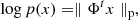 $$ \begin{aligned} \log p(x) = \parallel \mathbf \Phi ^t x \parallel _{\rm p}, \end{aligned} $$