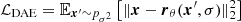 $$ \begin{aligned} \mathcal{L} _{\mathrm{DAE} } = \mathbb{E} _{\boldsymbol{x}^\prime \sim p_{\sigma ^2}}\left[ \Vert \boldsymbol{x} - \boldsymbol{r}_\theta (\boldsymbol{x}^\prime , \sigma ) \Vert _2^2 \right] \end{aligned} $$