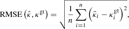 $$ \begin{aligned} \mathrm{RMSE}\left(\hat{\kappa }, \kappa ^\mathrm{gt}\right) = \sqrt{\frac{1}{n}\sum _{i=1}^{n} \left( \hat{\kappa }_i - \kappa ^\mathrm{gt}_i \right)^2}, \end{aligned} $$