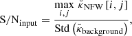 $$ \begin{aligned} \mathrm{S/N} _{\rm input} = \frac{\underset{{i,j}}{\max }\,\, \breve{\kappa }_\mathrm{NFW} \left[i,j\right]}{ \mathrm{Std} \left( \breve{\kappa }_\mathrm{background} \right)}, \end{aligned} $$