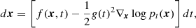 $$ \begin{aligned} d\boldsymbol{x} = \left[f(\boldsymbol{x}, t) - \frac{1}{2}g(t)^2 \nabla _{\boldsymbol{x}}\log p_t(\boldsymbol{x})\right]dt, \end{aligned} $$