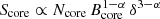 $ S_{\mathrm{core}}\propto N_{\mathrm{core}}\,B_{\mathrm{core}}^{1-\alpha}\,\delta^{3-\alpha} $