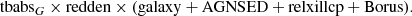 $$ \begin{aligned} \mathrm{tbabs}_G \times \mathrm{redden}\times (\mathrm{galaxy+AGNSED+relxillcp+Borus}).\\ \end{aligned} $$