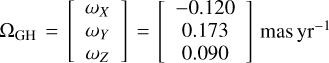 ${\Omega _{{\rm{GH}}}} = \left[ {\matrix{ {{\omega _X}} \cr {{\omega _Y}} \cr {{\omega _Z}} \cr } } \right] = \left[ {\matrix{ { - 0.120} \cr {0.173} \cr {0.090} \cr } } \right]{\rm{mas}}\,{\rm{y}}{{\rm{r}}^{ - 1}}$