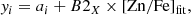 $$ \begin{aligned} { y}_i = a_i + B2_X \times \mathrm{[Zn/Fe]_{fit}}, \end{aligned} $$