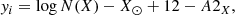 $$ \begin{aligned}&{ y}_i = \log {N(X)} - X_{\odot } + 12 - A2_X, \end{aligned} $$
