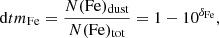 $$ \begin{aligned}&\mathrm{d}tm_{\mathrm{Fe} } = \frac{N(\mathrm{Fe} )_{\mathrm{dust} }}{N(\mathrm{Fe} )_{\mathrm{tot} }} = 1 - 10^{\delta _{\mathrm{Fe} }}, \end{aligned} $$